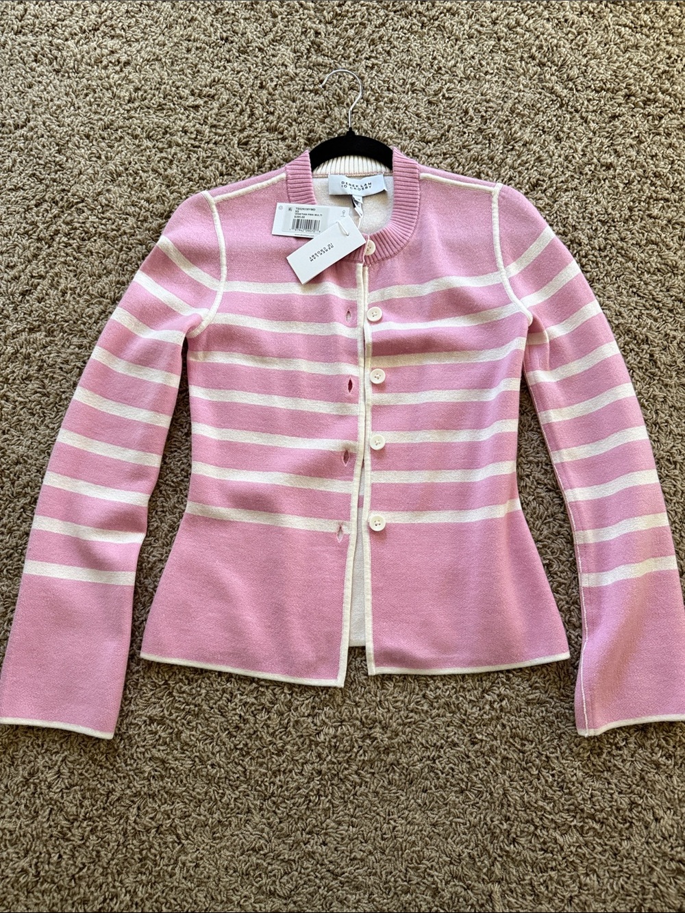 10 Crosby Derek Lam Pink and Cream Striped Knit Button REVERSIBLE Cardigan